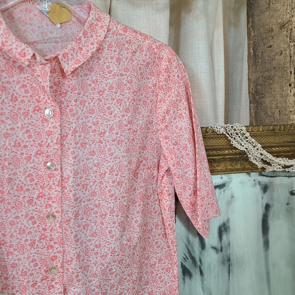 Vintage 1960s 1970s Pink Floral Button Up Blouse Short Sleeve Summer Shirt - Picture 6 of 9